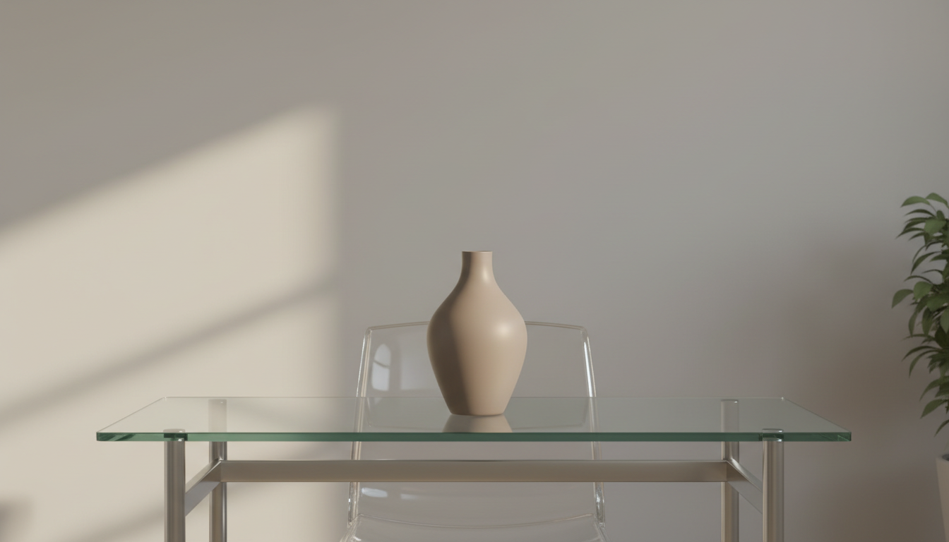 A sleek, matte ceramic vase in a soft taupe finish, symmetrically placed on a modern glass-topped desk with clean metal accents. The background is an uncluttered wall painted in a gentle greige, with a subtle shadow from a nearby potted plant out of focus. Soft diffused daylight comes from the left, bathing the scene in gentle illumination that highlights the vase's smooth curves and creates calm, understated reflections on the desk. The composition is centered and slightly elevated, adhering to clean lines and a structured layout. The overall mood is tranquil, balanced, and highly professional, perfectly matching a coaching business that values mental clarity and investment in well-being. The photographic realism and neutral tones give a refined, corporate elegance.