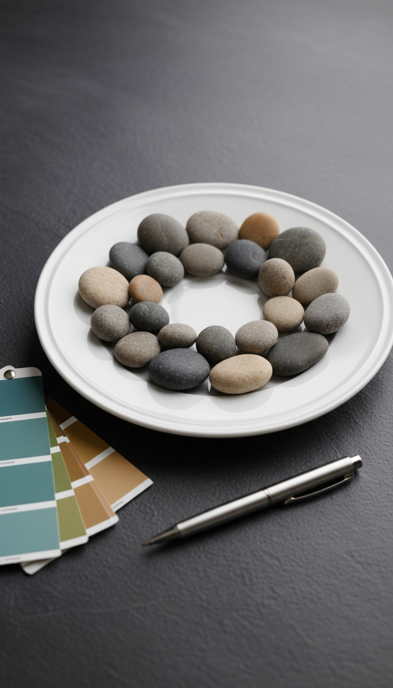 A cluster of smooth stone pebbles in harmonious gray and beige hues arranged in a precise circular formation on a white ceramic plate. The scene is set atop a slate-gray consultant’s desk, bordered by organized color swatches and a chrome ballpoint pen near the edge, suggesting a space of intentionality and order. Soft, indirect studio lighting creates gentle gradients and clear textures on the stones, generating a sense of calm and groundedness. Photographed from a slightly elevated angle and composed according to the rule of thirds, the aesthetic is minimal yet purposeful, emphasizing a sense of stability and focus appropriate for mental health coaching.