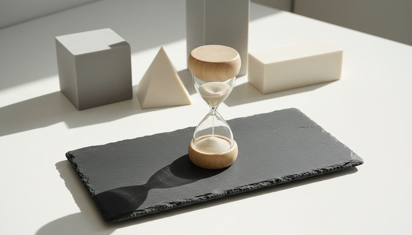 A sand-colored hourglass with finely frosted glass and natural beechwood ends is placed atop a matte slate tray on a clear, white work surface. Behind, minimalist geometric sculptures in soft grey and ivory add balance without clutter. The environment is lit by indirect daylight, creating subtle, elongated shadows and crisp highlights on the glass contours, evoking a sense of measured calm and time investment. The shot uses a top-down, bird’s eye view for simplicity and structure, with a balanced, photographic composition. This image embodies disciplined time management in coaching and therapy while maintaining a sophisticated corporate visual language—clean, neutral, and focused.