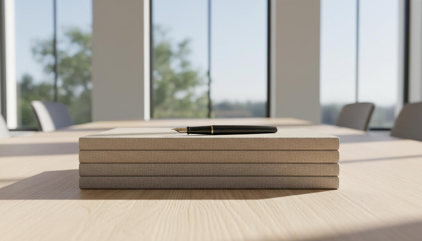 An orderly stack of textured linen notebooks in muted beige and stone-gray tones sits precisely aligned on a minimal, light wood conference table. A single black fountain pen rests diagonally across the top notebook, its matte barrel contrasting with the soft linen. The setting is a bright office nook, with large windows out of focus behind, allowing crisp, natural daylight to spill across the table, casting soft, serene shadows. Captured from an eye-level perspective using a shallow depth of field to emphasize the tactile details, the image feels structured, clean, and inviting. The mood conveys professionalism and an invitation to self-reflection, perfectly suited for a site focused on personal coaching and positive mental growth.