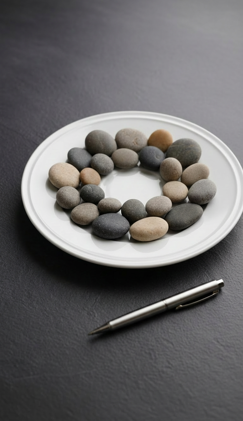 A cluster of smooth stone pebbles in harmonious gray and beige hues arranged in a precise circular formation on a white ceramic plate. The scene is set atop a slate-gray consultant’s desk, bordered by organized color swatches and a chrome ballpoint pen near the edge, suggesting a space of intentionality and order. Soft, indirect studio lighting creates gentle gradients and clear textures on the stones, generating a sense of calm and groundedness. Photographed from a slightly elevated angle and composed according to the rule of thirds, the aesthetic is minimal yet purposeful, emphasizing a sense of stability and focus appropriate for mental health coaching. A cluster of smooth stone pebbles in harmonious gray and beige hues arranged in a precise circular formation on a white ceramic plate. The scene is set atop a slate-gray consultant’s desk, bordered by organized color swatches and a chrome ballpoint pen near the edge, suggesting a space of intentionality and order. Soft, indirect studio lighting creates gentle gradients and clear textures on the stones, generating a sense of calm and groundedness. Photographed from a slightly elevated angle and composed according to the rule of thirds, the aesthetic is minimal yet purposeful, emphasizing a sense of stability and focus appropriate for mental health coaching.